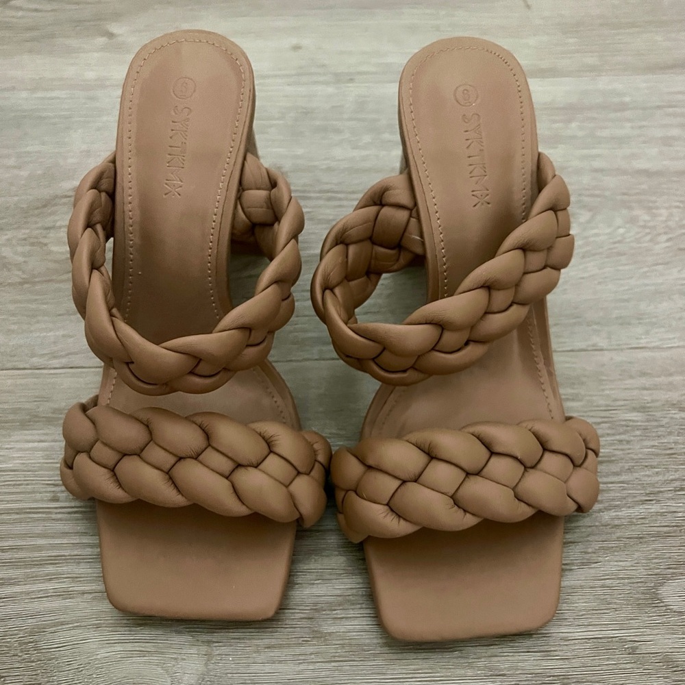 Syktkmx Women's Braided Heeled Sandals Backless Square Open Toe Sandals